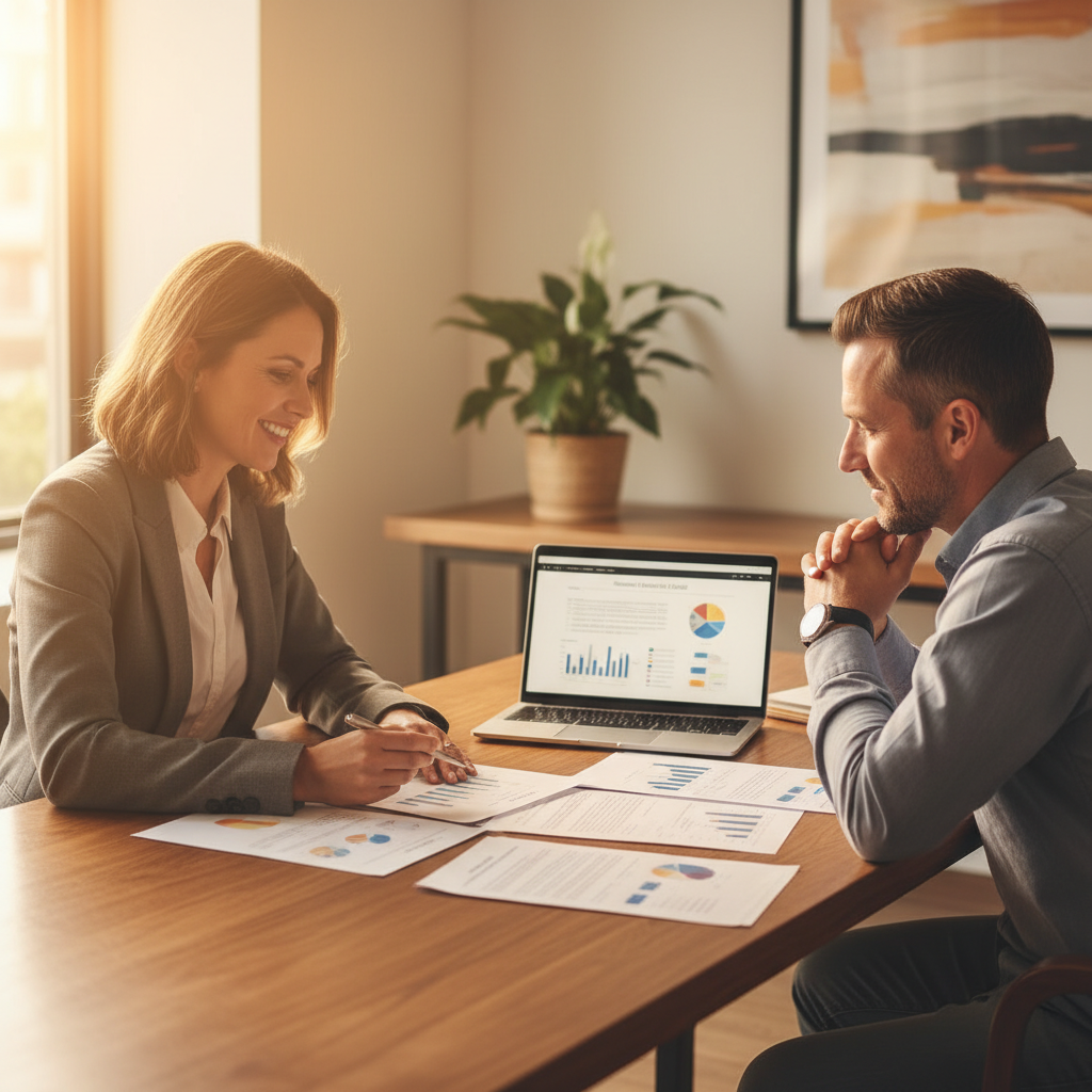 Mortgage broker meeting a homeowner to compare bank and non‑bank lender options with a laptop and documents