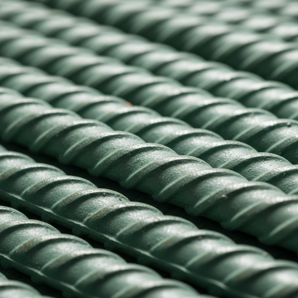 Close-up of epoxy-coated reinforcing steel bars with ribbed texture, highlighting corrosion-resistant coating for Ontario rebar supply
