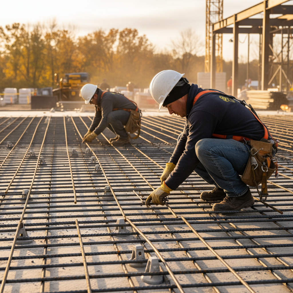 Ironworkers tying 10m rebar on a slab with chairs and spacers, sequenced delivery supporting Ontario construction schedules