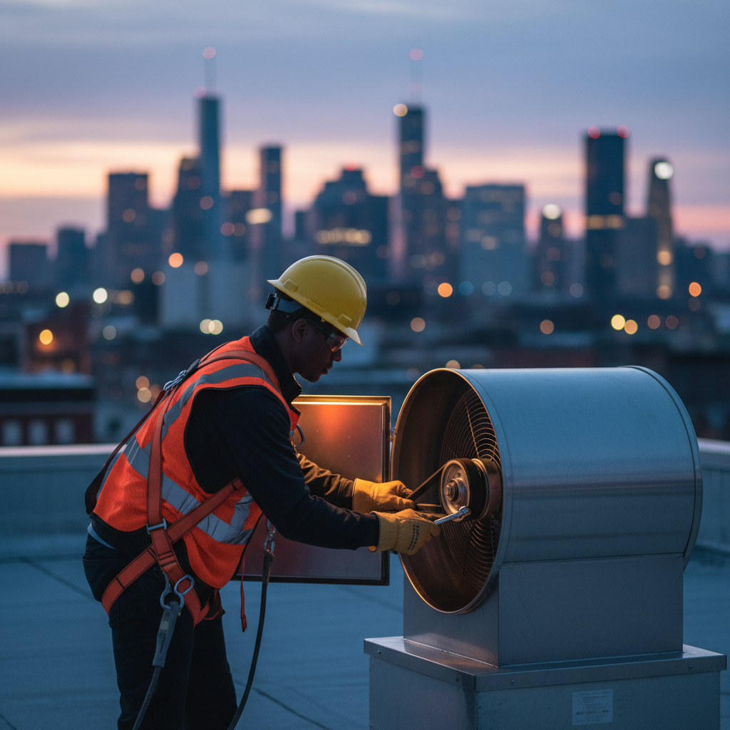 Technician inspecting a rooftop restaurant exhaust fan and belt assembly to support grill maintenance and steady ventilation performance