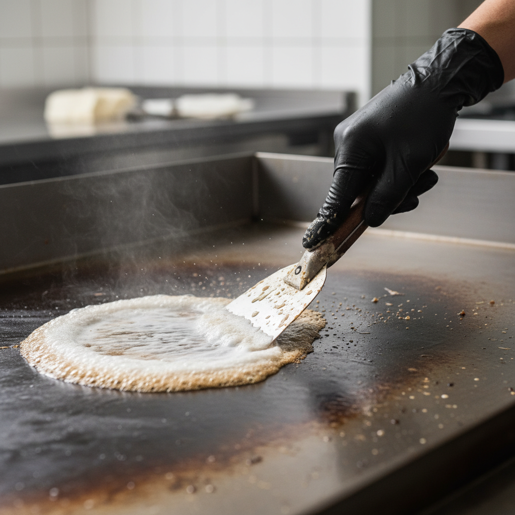 Close-up grill cleaning maintenance in a restaurant: scraping carbon with a food-safe degreaser on a hot flat-top to improve heat transfer and food safety