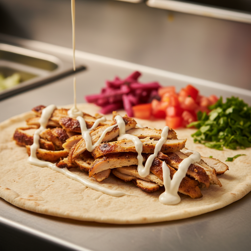 Close-up of shawarma assembly for a corporate event checklist: pita, roasted chicken, tahini, pickled turnips, and herbs