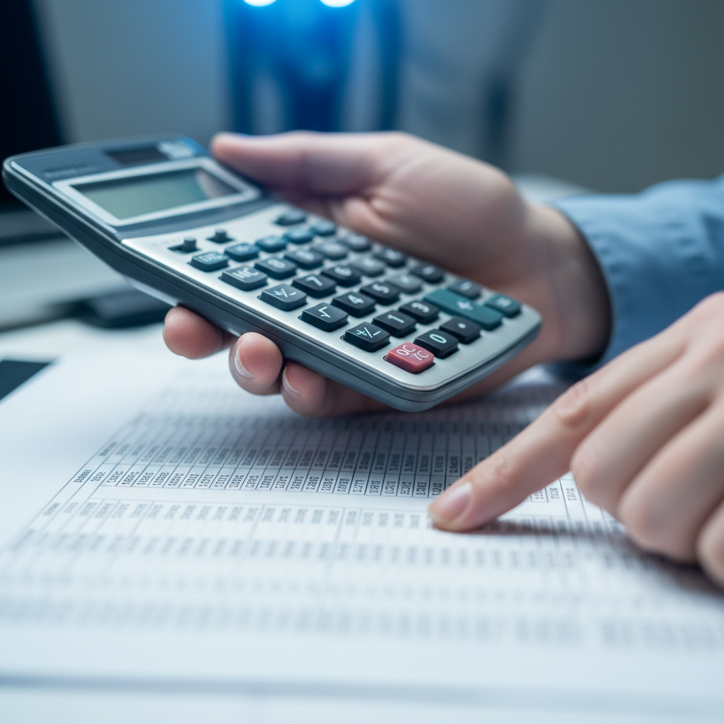 Close-up of hands reviewing a financial statement during financial statement analysis for business, calculator and paper in Parramatta office