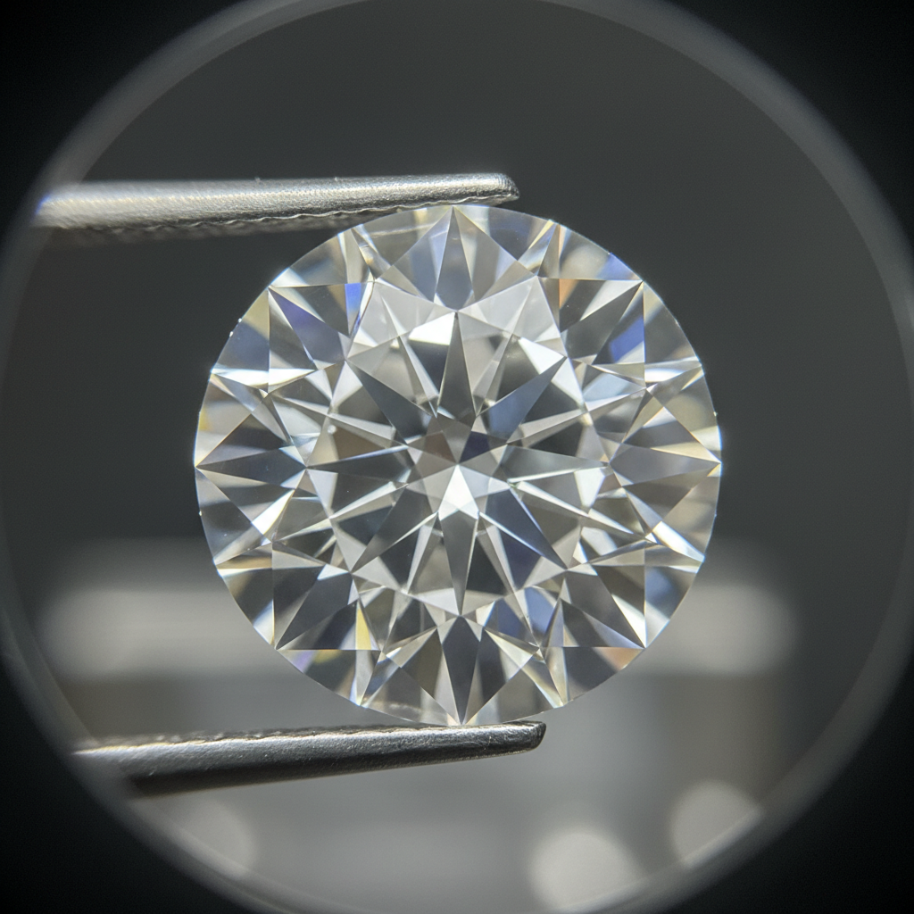 Close-up macro of a round brilliant lab grown diamond under a loupe showing crisp facets and hearts-and-arrows detail