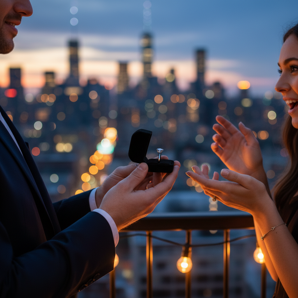 Lifestyle proposal moment with an open ring box showing a lab grown diamond engagement ring against Manhattan evening lights
