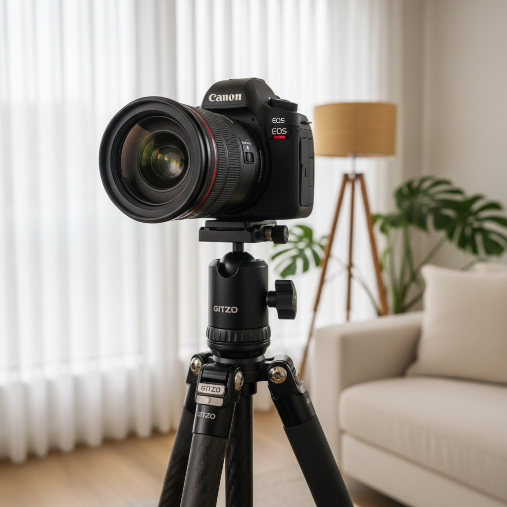 DSLR on tripod for property listing photography guide setup in a bright living room