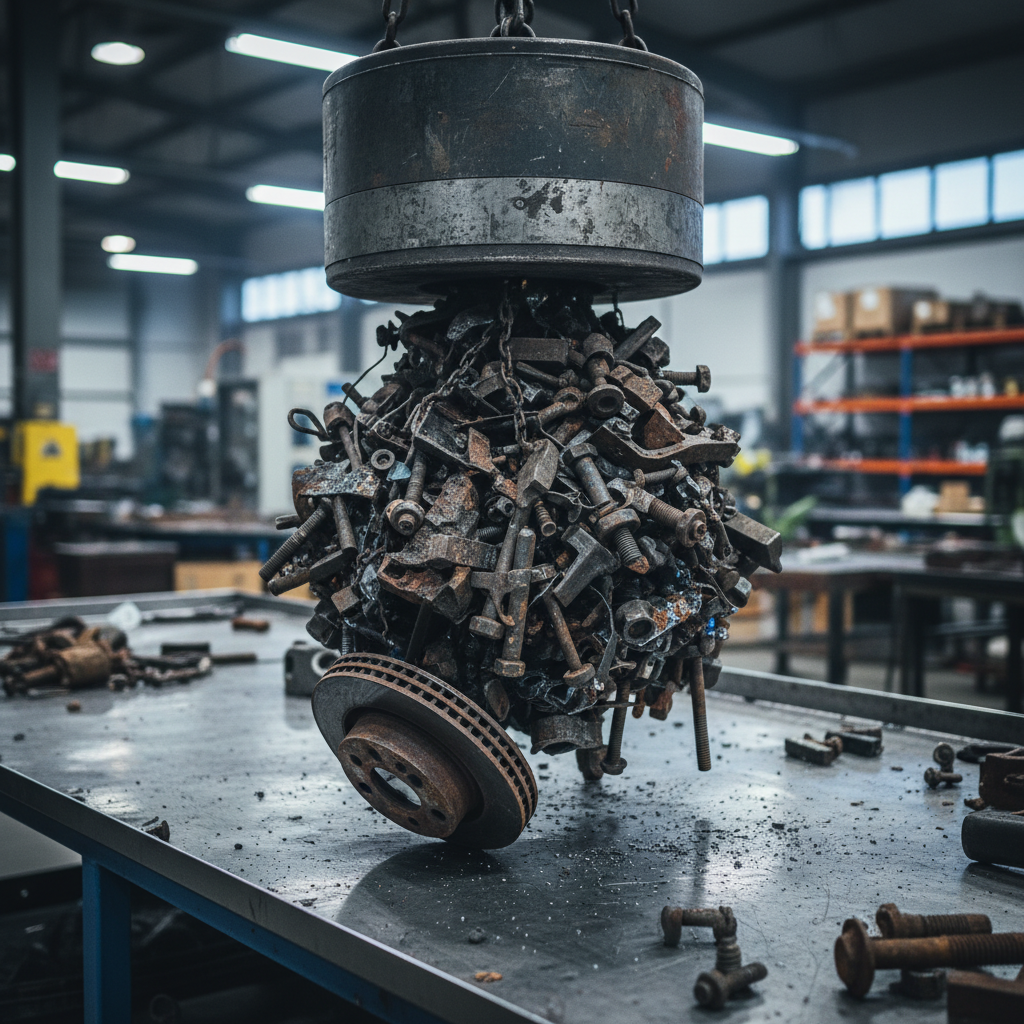 Close-up of magnet lifting mixed ferrous iron scrap like bolts and rotors for recycling in Etobicoke