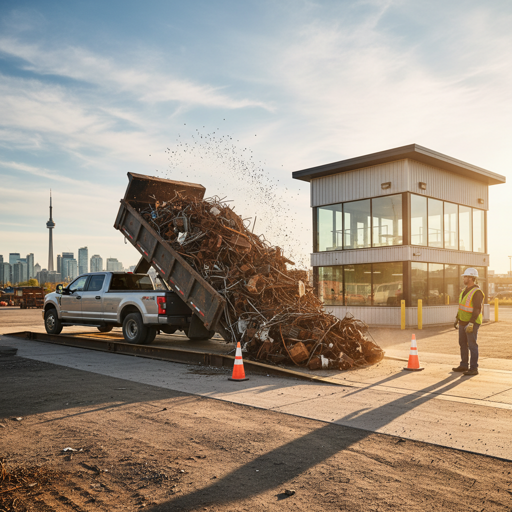 Pickup truck unloading iron scrap at an Etobicoke scrap yard scale house at golden hour