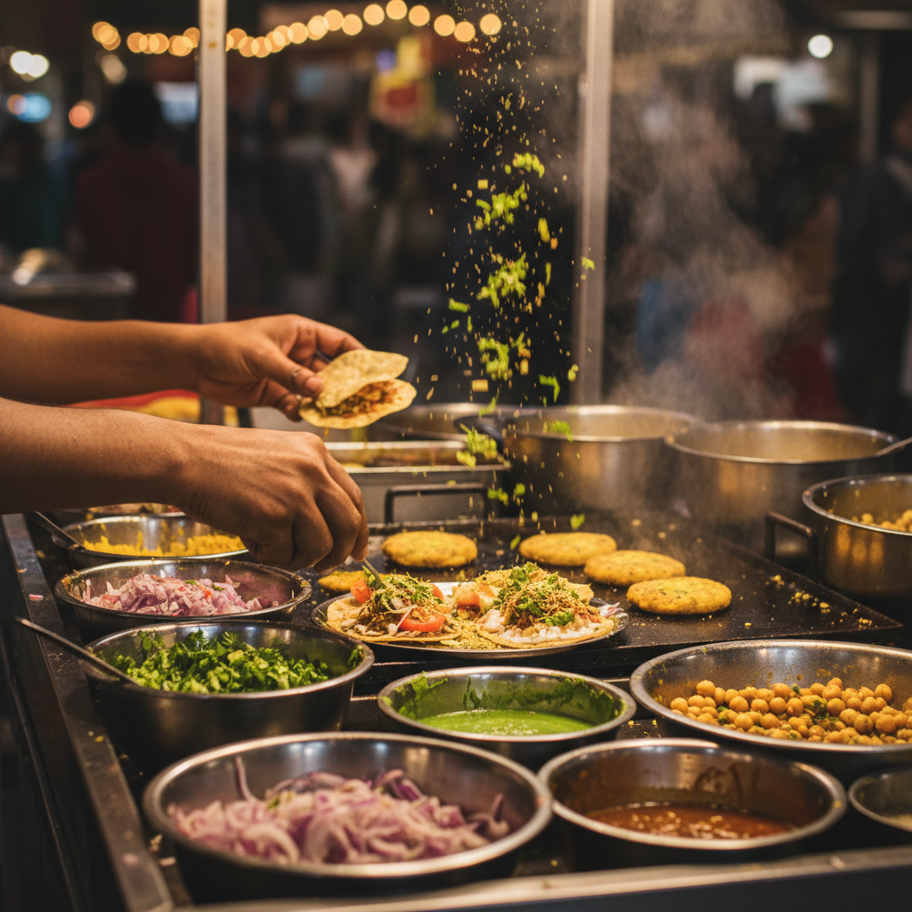 Live chaat station action for an Indian wedding catering menu in a Brampton venue