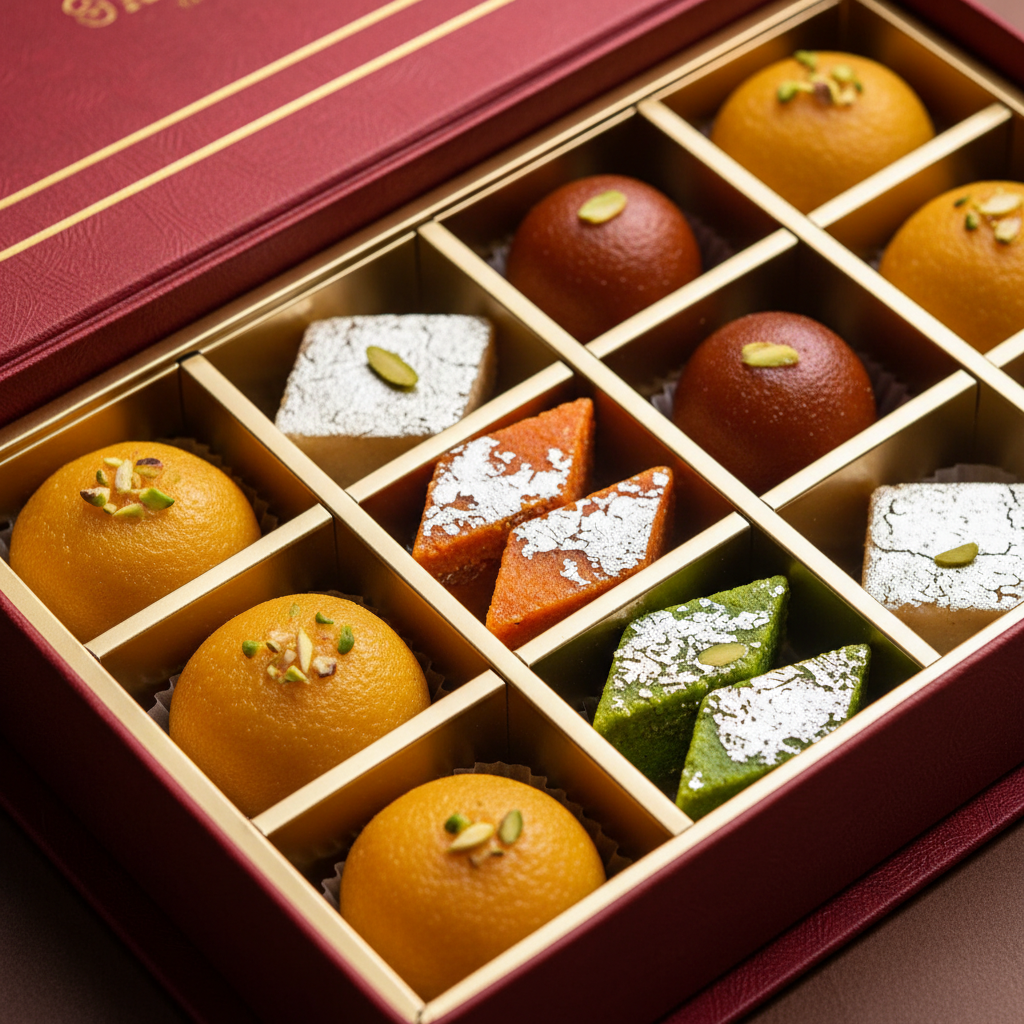 Premium mithai gift box for wedding catering menu planning in Brampton with assorted barfi, ladoo, and gulab jamun