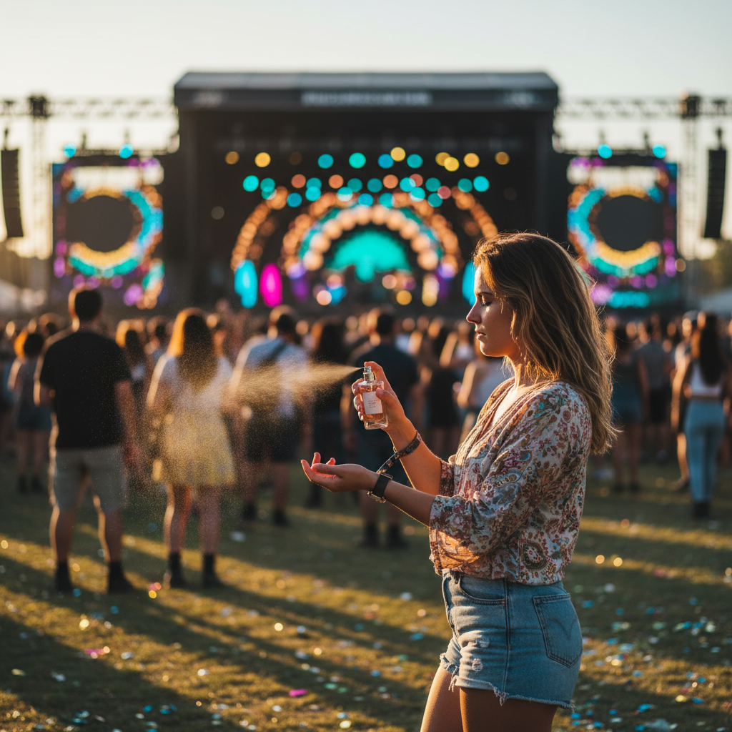 Applying a festival collection scent at golden hour, with stage lights and crowd in the background for an immersive festival vibe