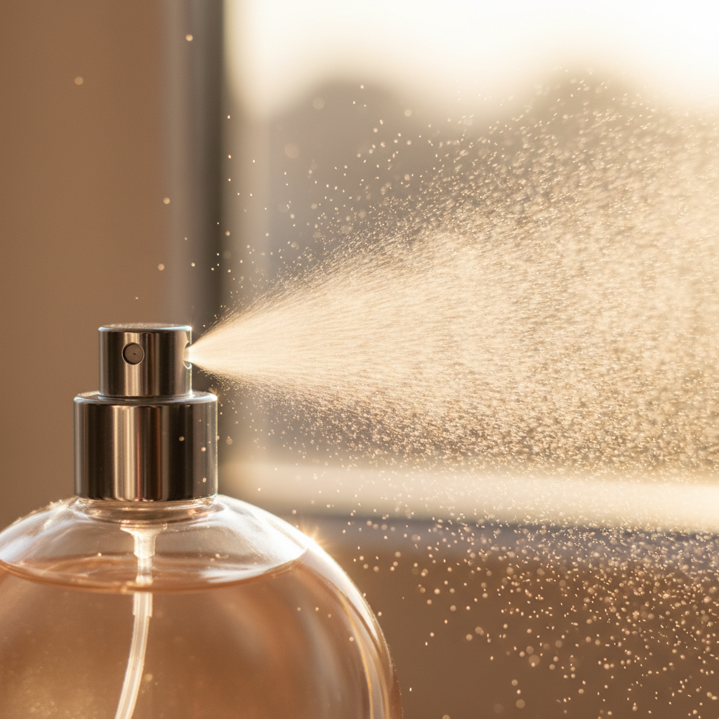 Close-up of a festival-ready perfume bottle spraying a fine mist for high-impact projection and lasting festival collection scents