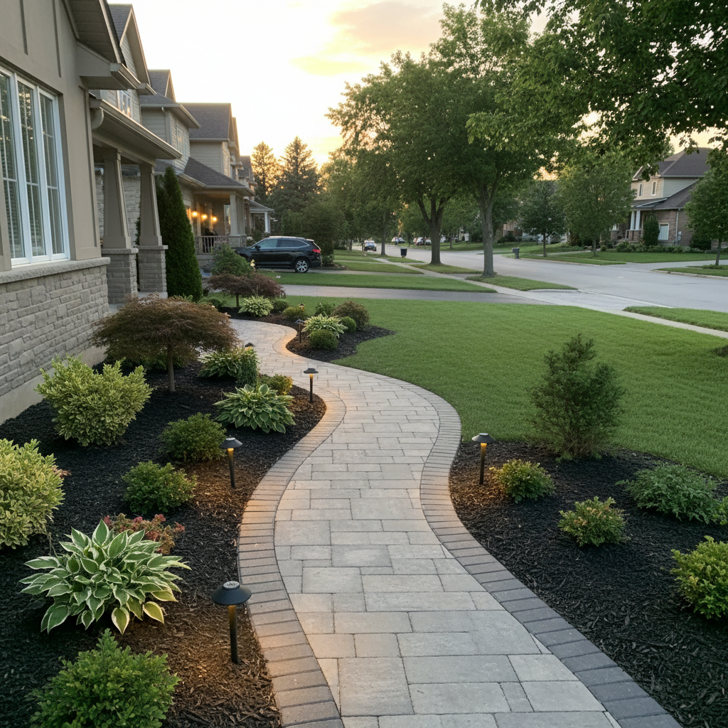 Mississauga front yard scene at sunset with curved paver walkway, LED path lights, fresh mulch, and edged lawn