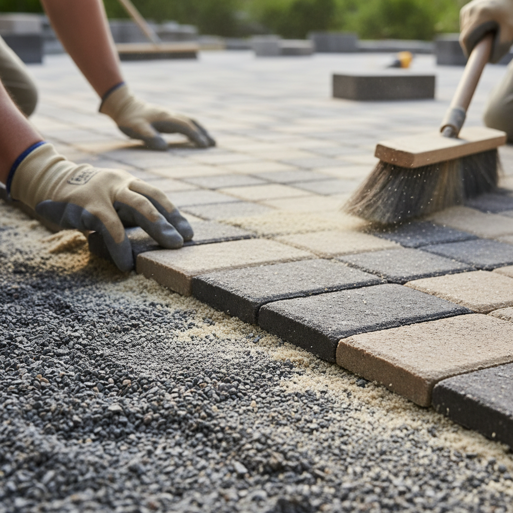 Close-up of interlocking paver base layers and polymeric sand during GTA landscaping installation