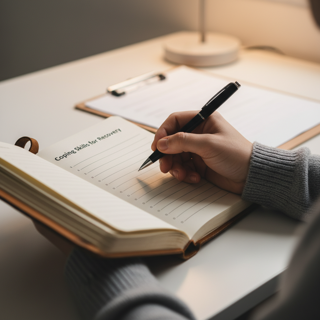 Close-up of hands journaling coping skills during alcohol recovery therapy session, focusing on relapse-prevention exercises and skill practice