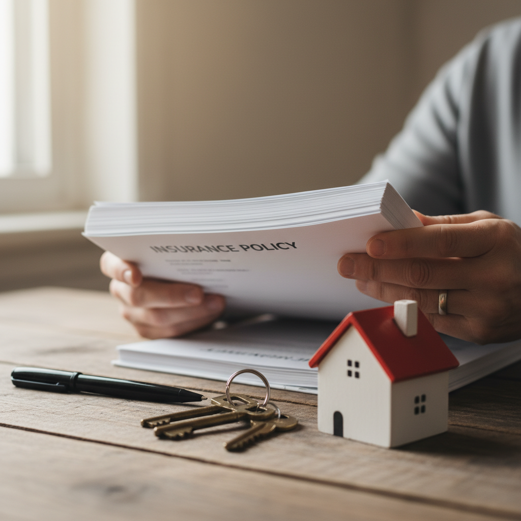 Close-up of landlord reviewing a rental property insurance policy with house keys and model home, illustrating how to prepare for a rental property insurance quote in Ontario