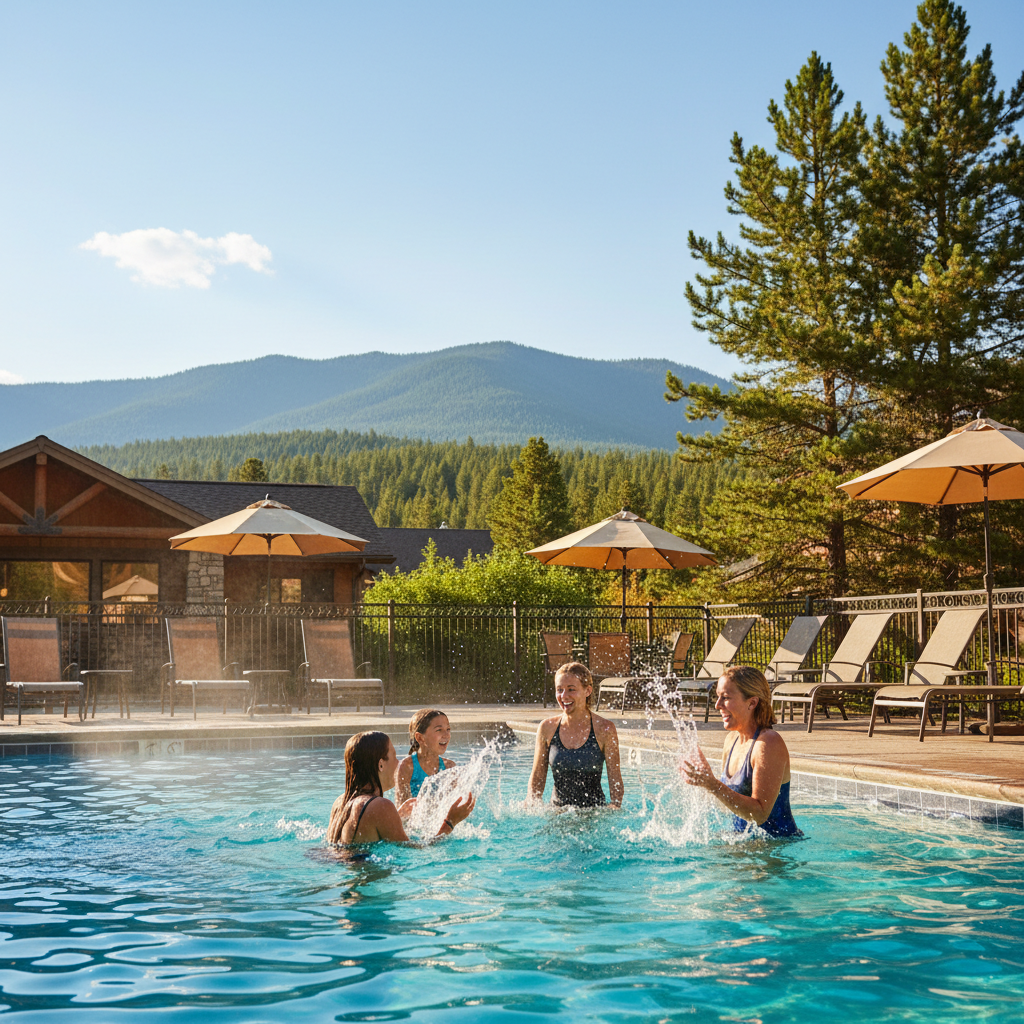 Family enjoying a heated outdoor motel pool with mountains in the background, illustrating North Conway heated pool lodging in summer