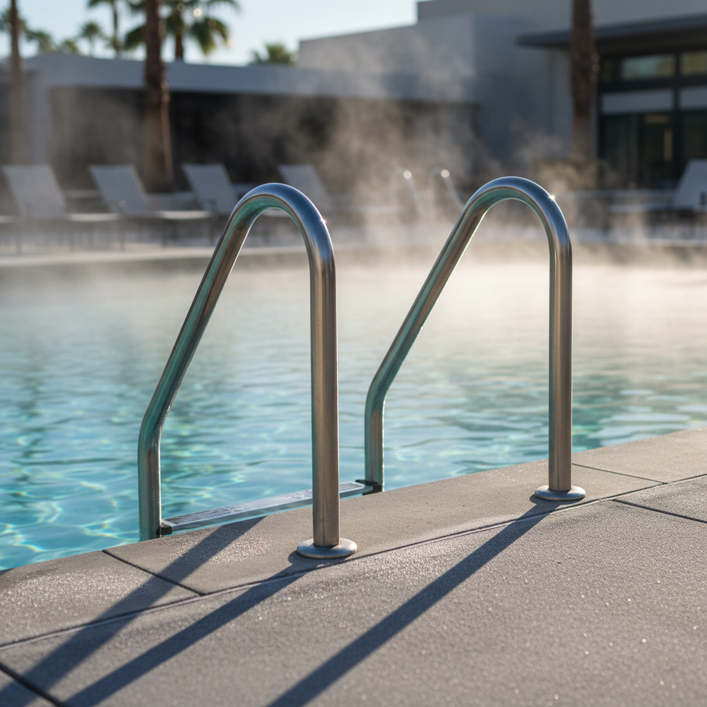 Close-up of a heated outdoor pool ladder with gentle steam and turquoise water, illustrating heated outdoor pool lodging comfort in North Conway