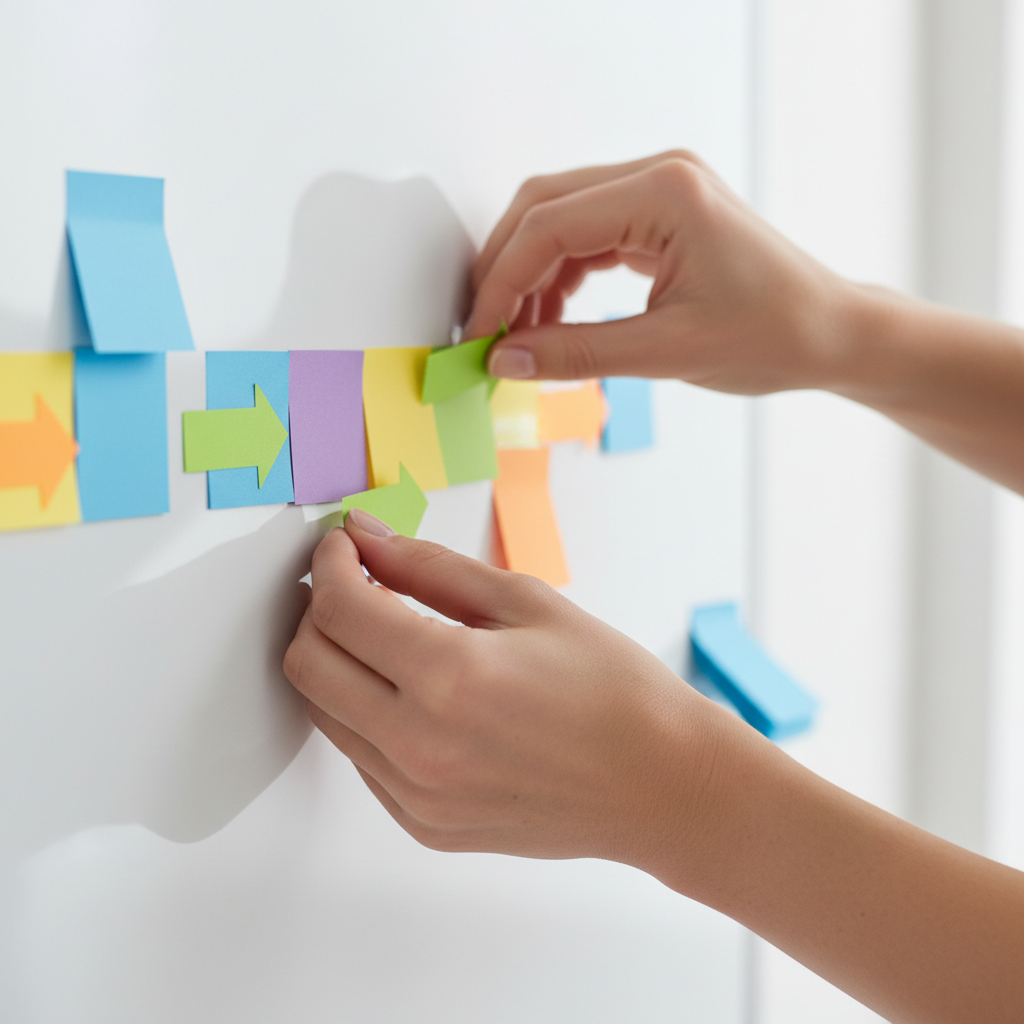 Close-up workflow planning for content rewriting with sticky notes showing SEO update steps