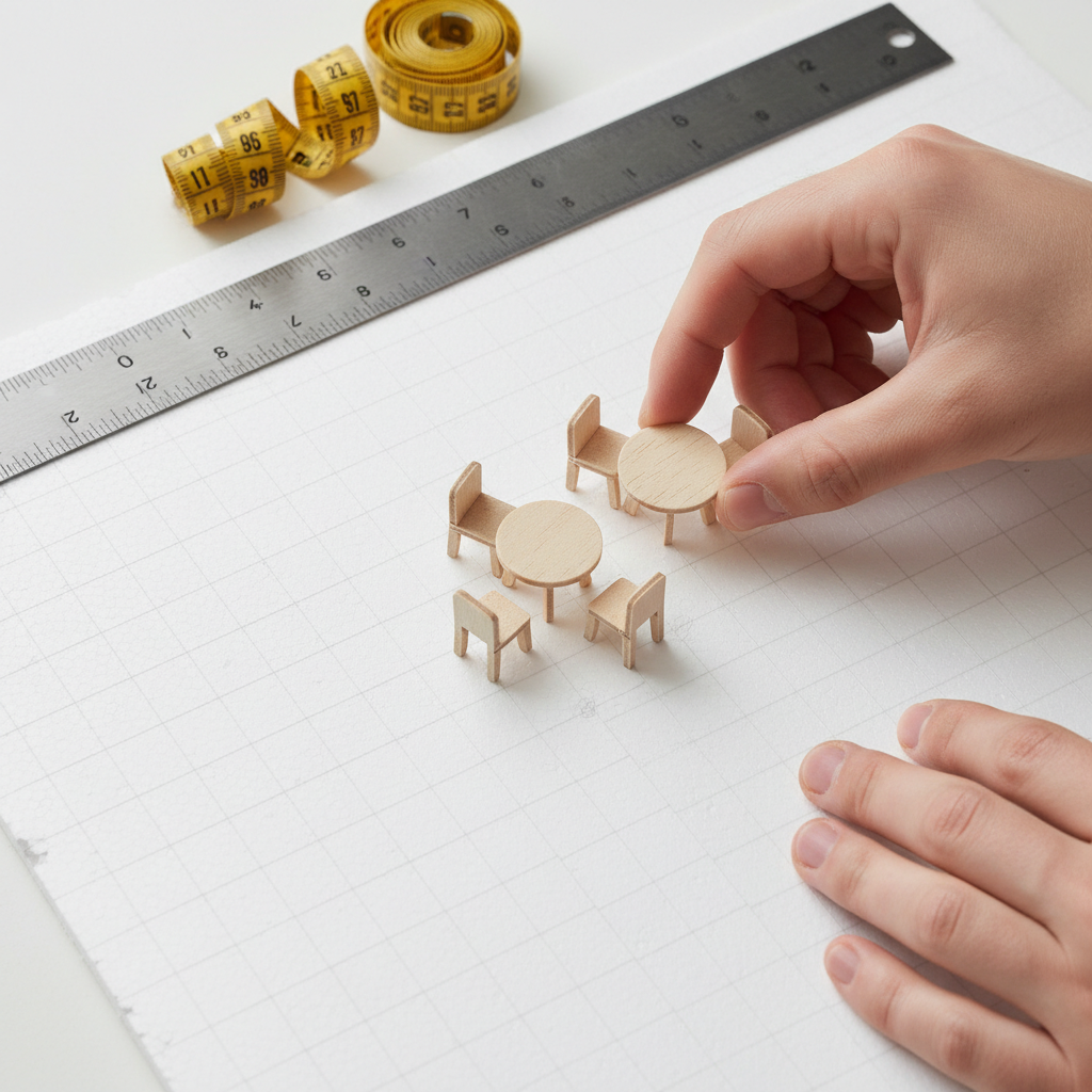 Detailed capacity planning for Mississauga venue using scaled grid, miniature tables, and measuring tools