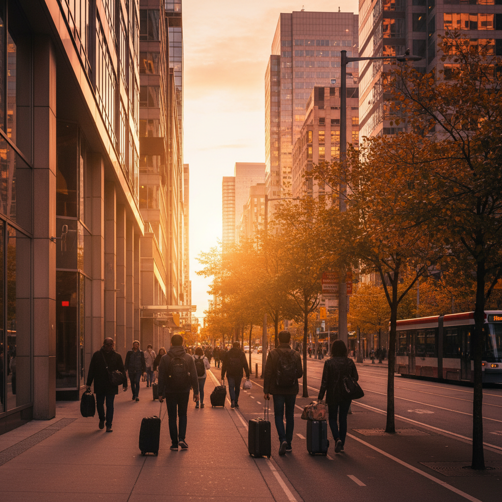 Etobicoke Toronto street scene symbolizing immigration travel and permit holders arriving with luggage