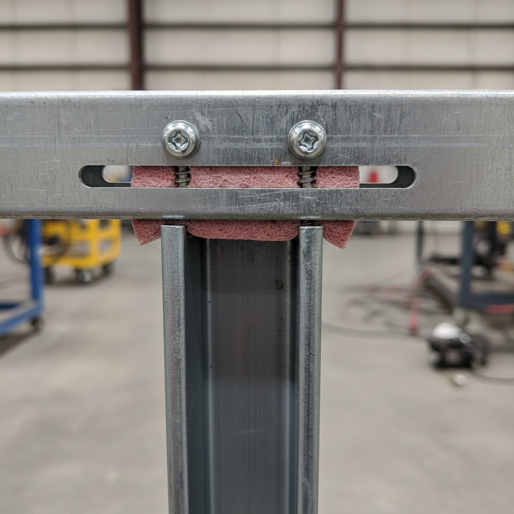 Close-up of slotted deflection track in a structural steel framing system showing slip movement gap and fasteners