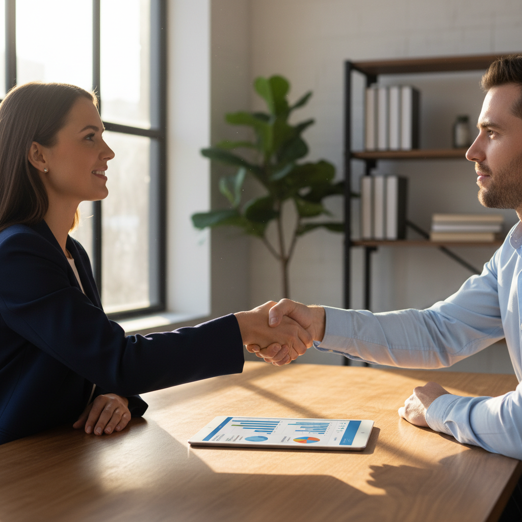 Mortgage broker handshake after reviewing rental property loan requirements and charts