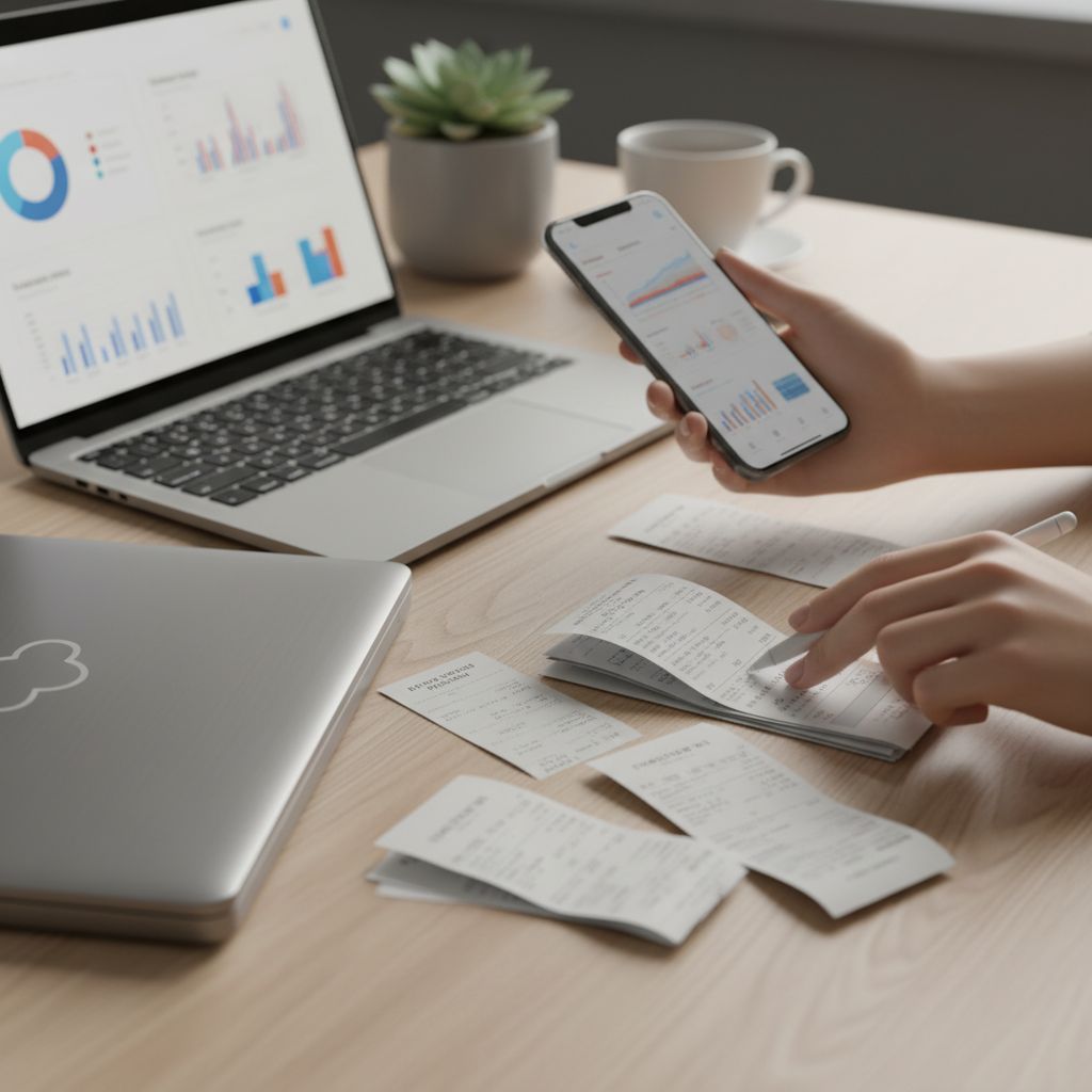 Close-up of cloud accounting workflow: receipts captured by phone syncing to a ledger via accounting software integration with cloud tools