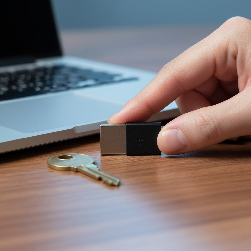 Close‑up of USB security key enabling two‑factor authentication for real estate transaction security