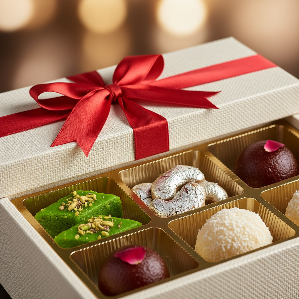 Close-up of luxury mithai gift box insert with pista barfi, kaju katli, coconut ladoo, and gulab jamun — festival gift box packaging ideas