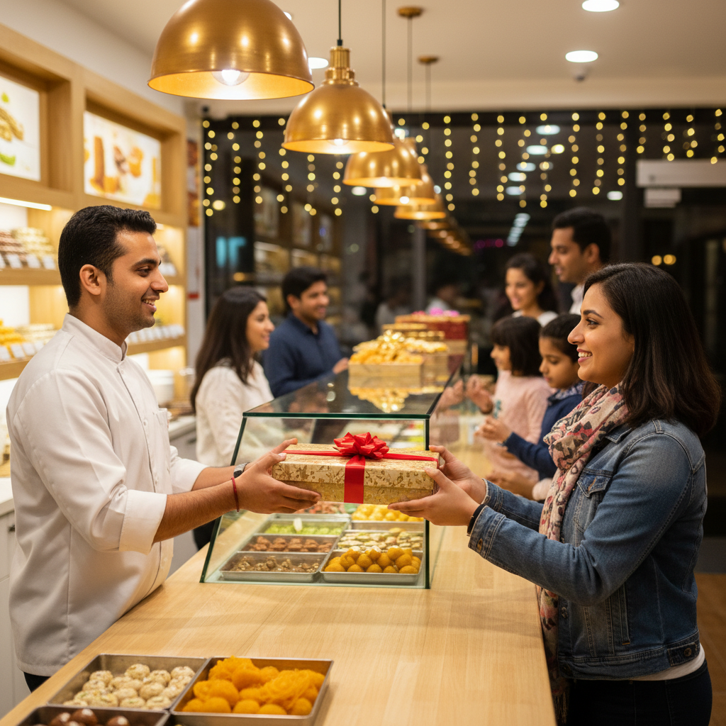 Customer receiving a gift-ready mithai box at a Brampton sweets counter — festival gift box packaging ideas in action
