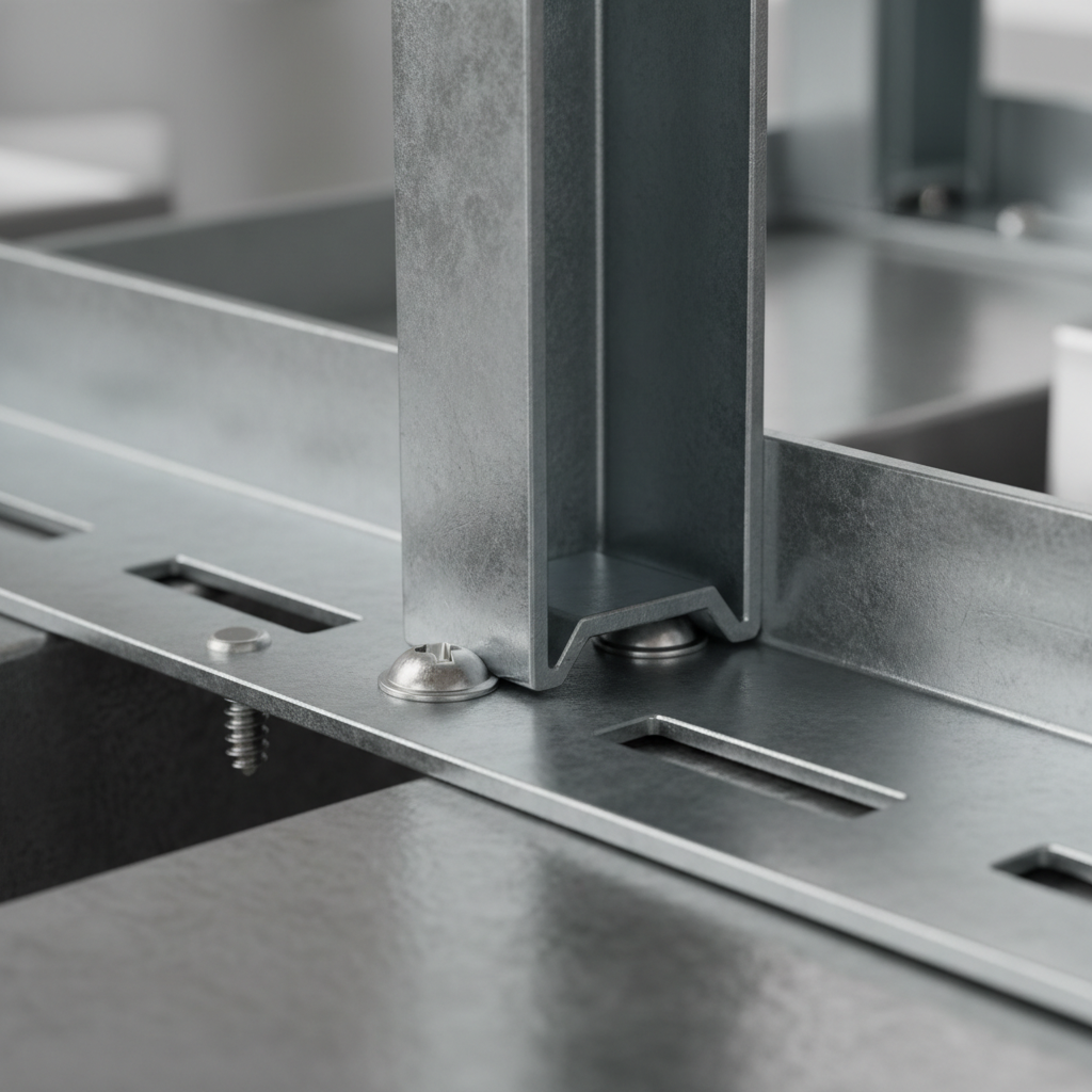 Close-up of slotted deflection track with steel stud showing movement slots for head-of-wall joint in metal framing