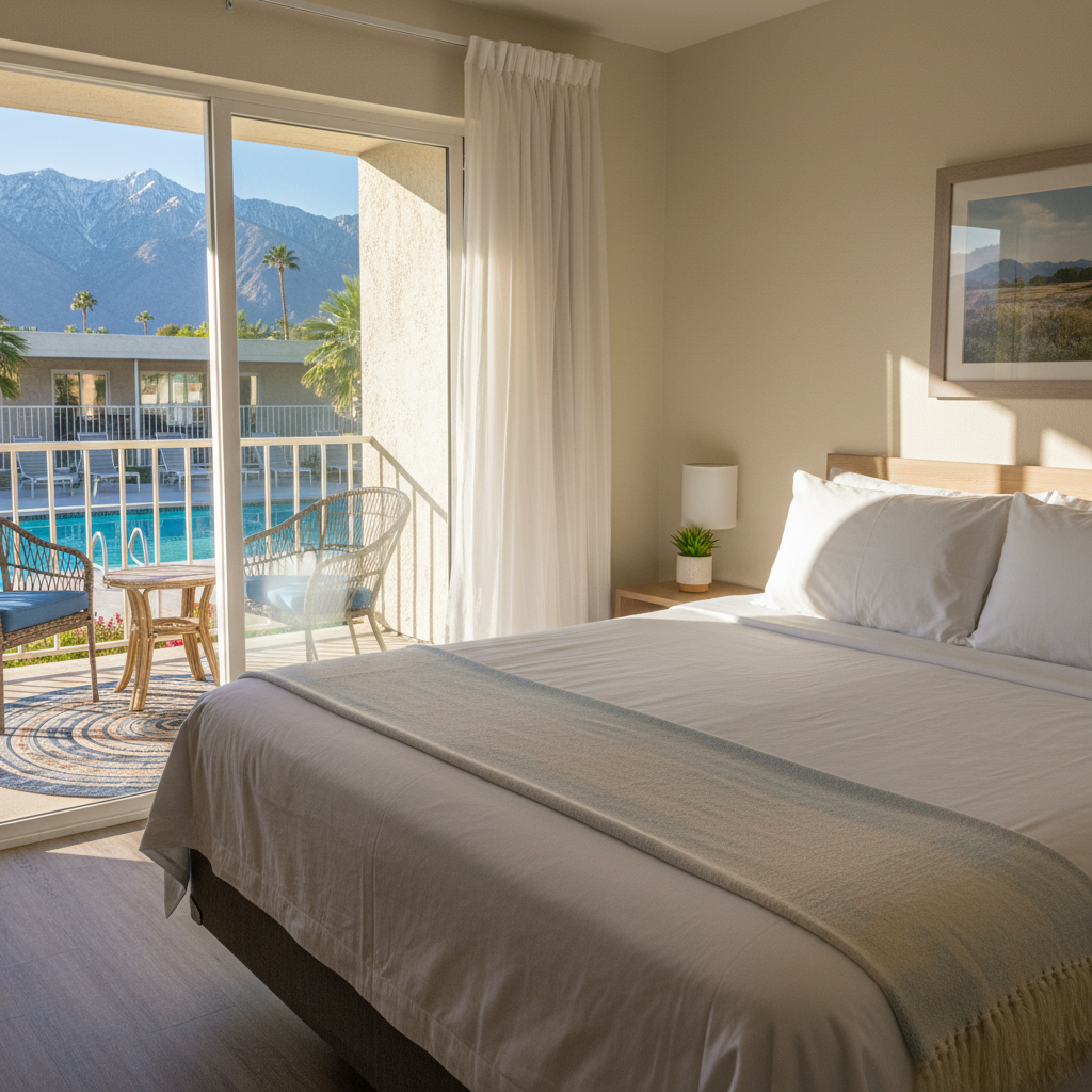 Cozy renovated North Conway motel room with mountain-view window and enclosed porch, ideal for family-friendly stays