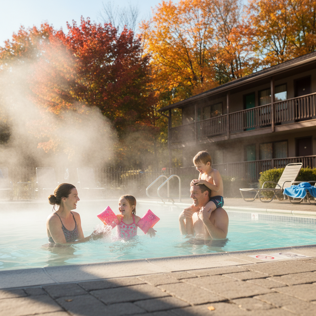 Family with kids enjoying a heated outdoor pool in North Conway, ideal amenity for a family-friendly motel stay across seasons