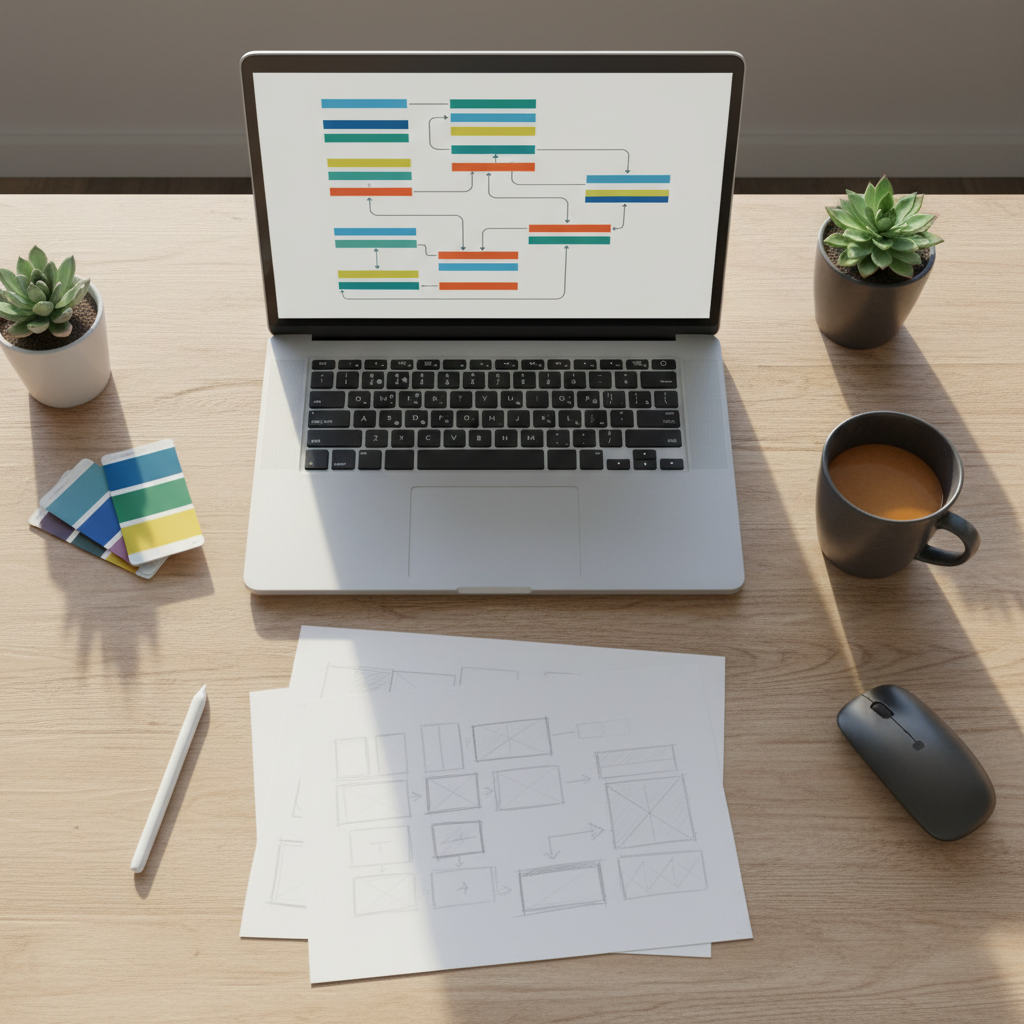 Top-down designer desk showing a laptop with a visual sitemap and connecting lines to illustrate an automated internal linking map