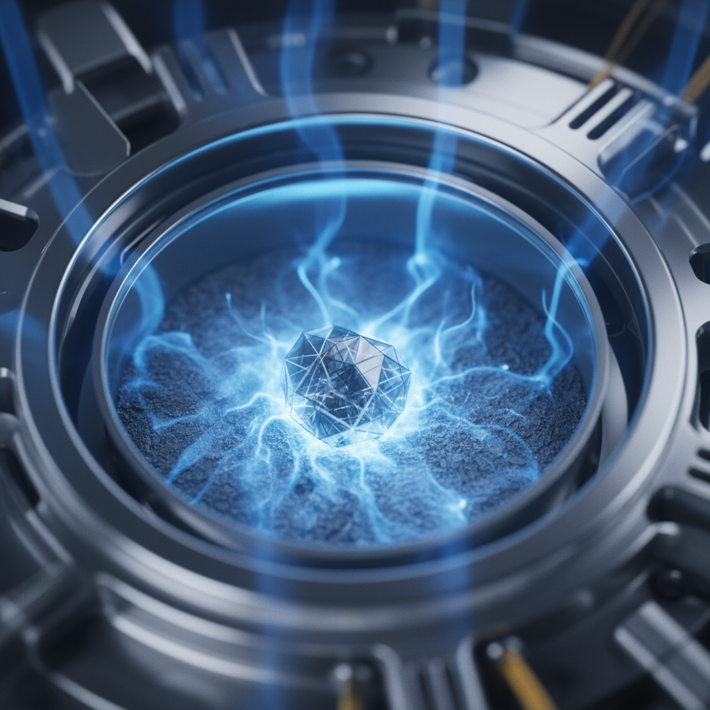 Close-up CVD plasma reactor growing a lab grown diamond crystal, illustrating lab grown diamond sustainability and production details