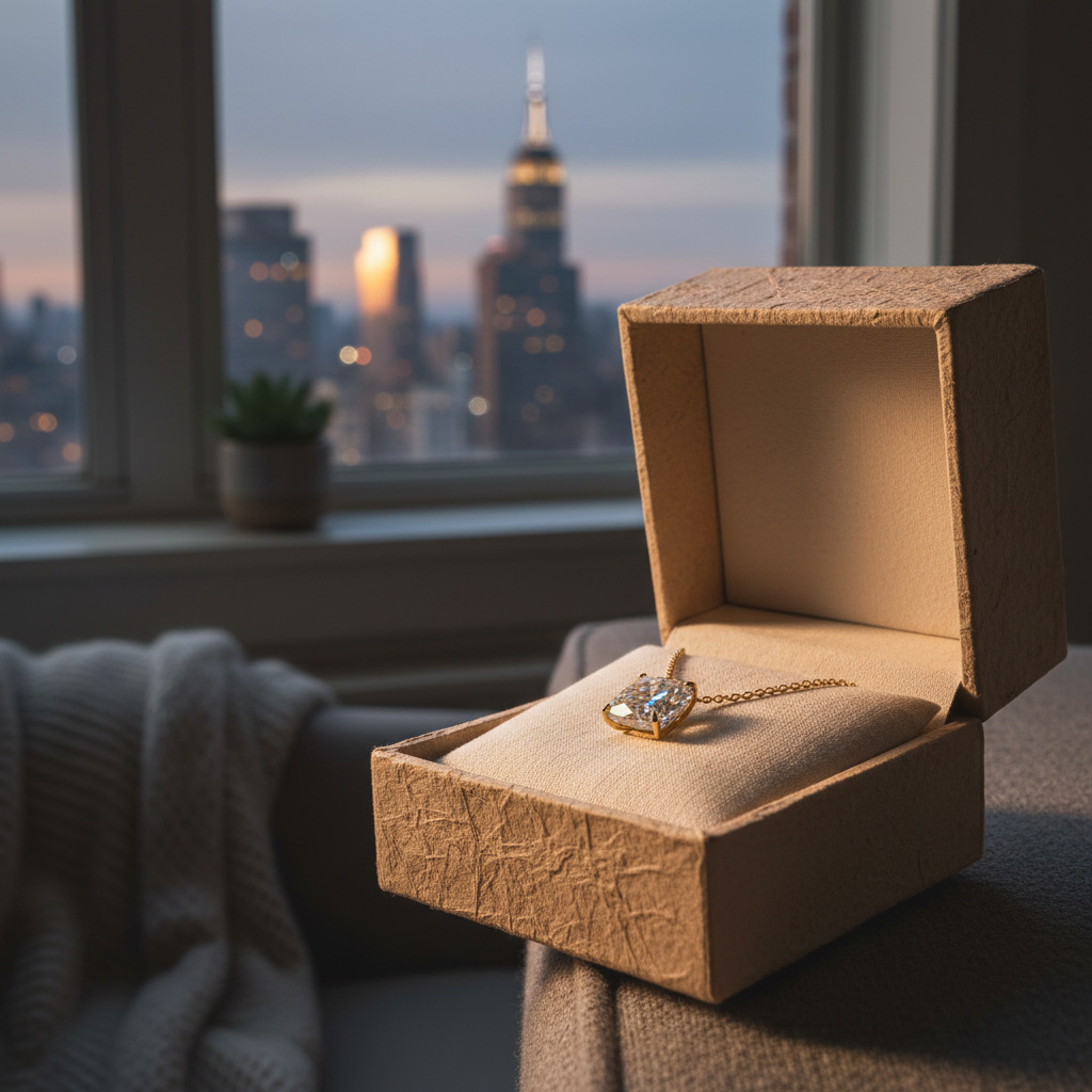 Eco-friendly recycled paper jewelry box with a lab grown diamond pendant on gold chain, lifestyle scene in New York to illustrate sustainable gifting