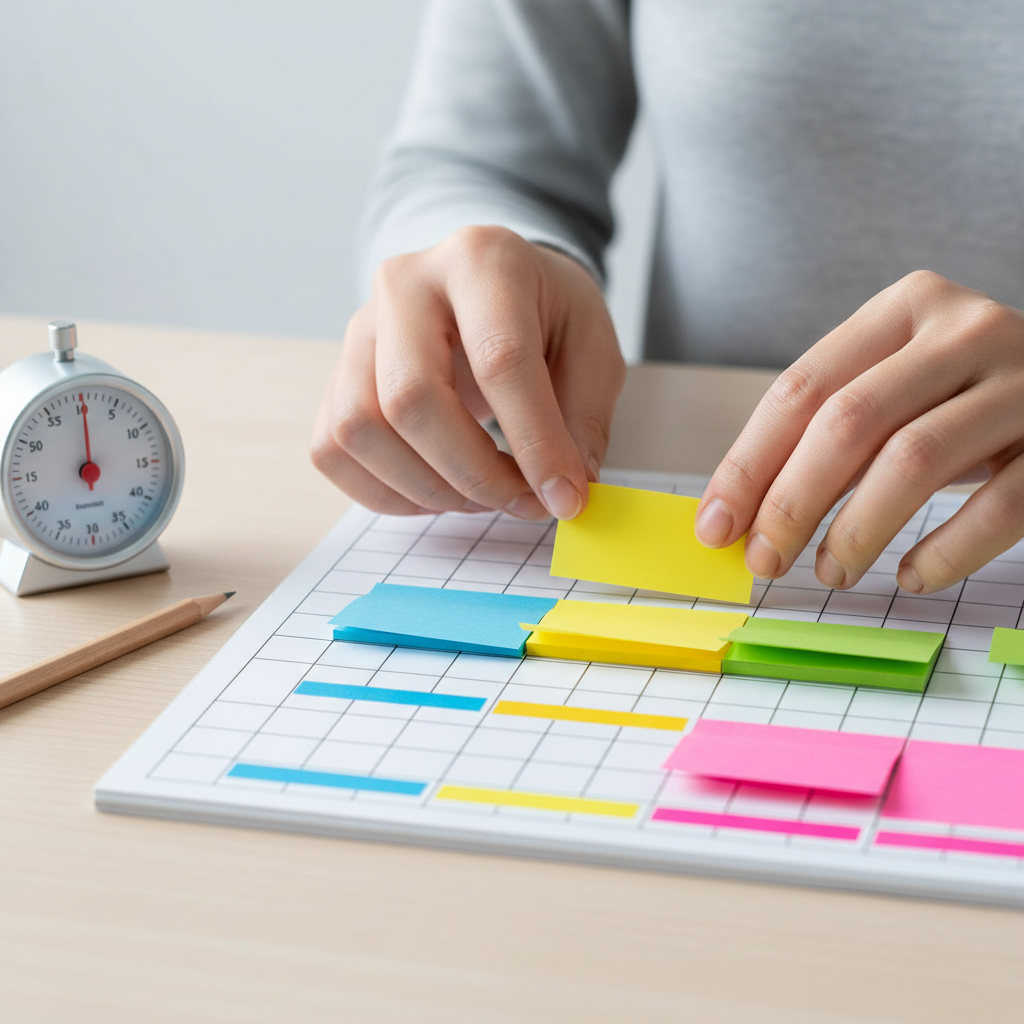 Close-up agile exam prep tips using color-coded kanban sticky notes and timer for timeboxed study sessions