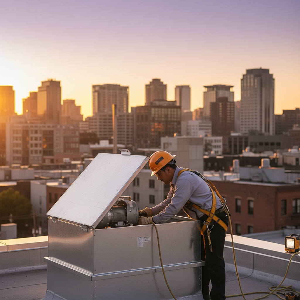 Rooftop restaurant exhaust fan with hinge kit open during inspection in Ontario