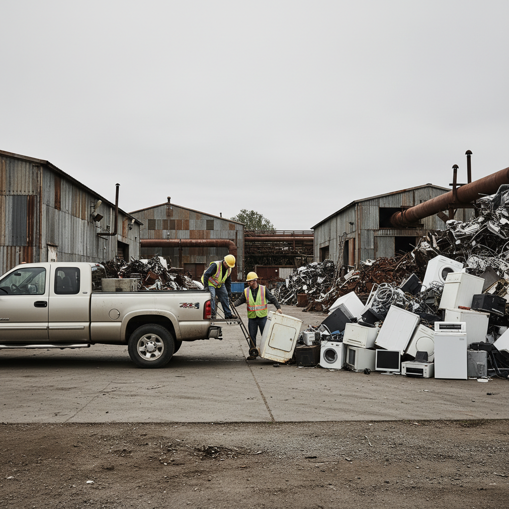 Pickup truck unloading appliances and e-waste at a scrap yard entrance in Etobicoke