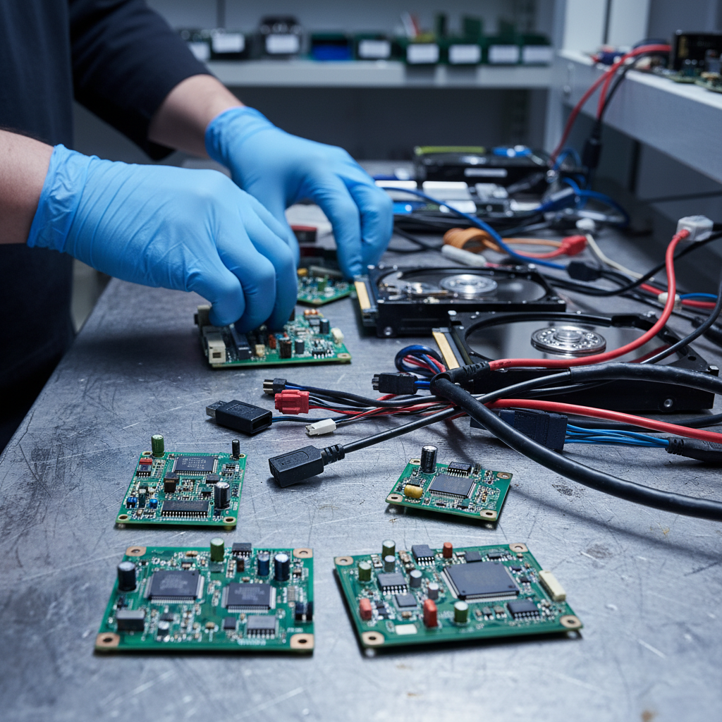 Technician sorting printed circuit boards at an electronic waste recycling center, close-up of PCBs, cables, and drives