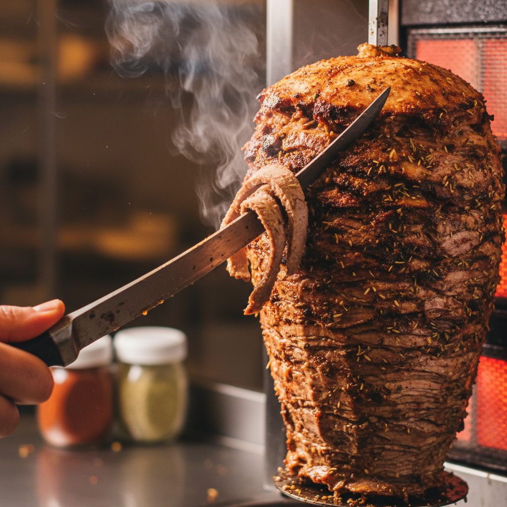 Close-up of crispy shawarma being shaved from a rotisserie, highlighting authentic Turkish cuisine texture for Toronto diners