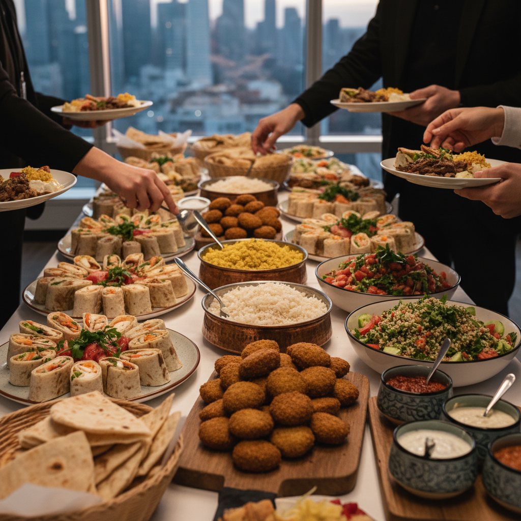 Turkish catering platters arranged for a corporate meeting in Toronto, with wraps, rice, salads, and sauces