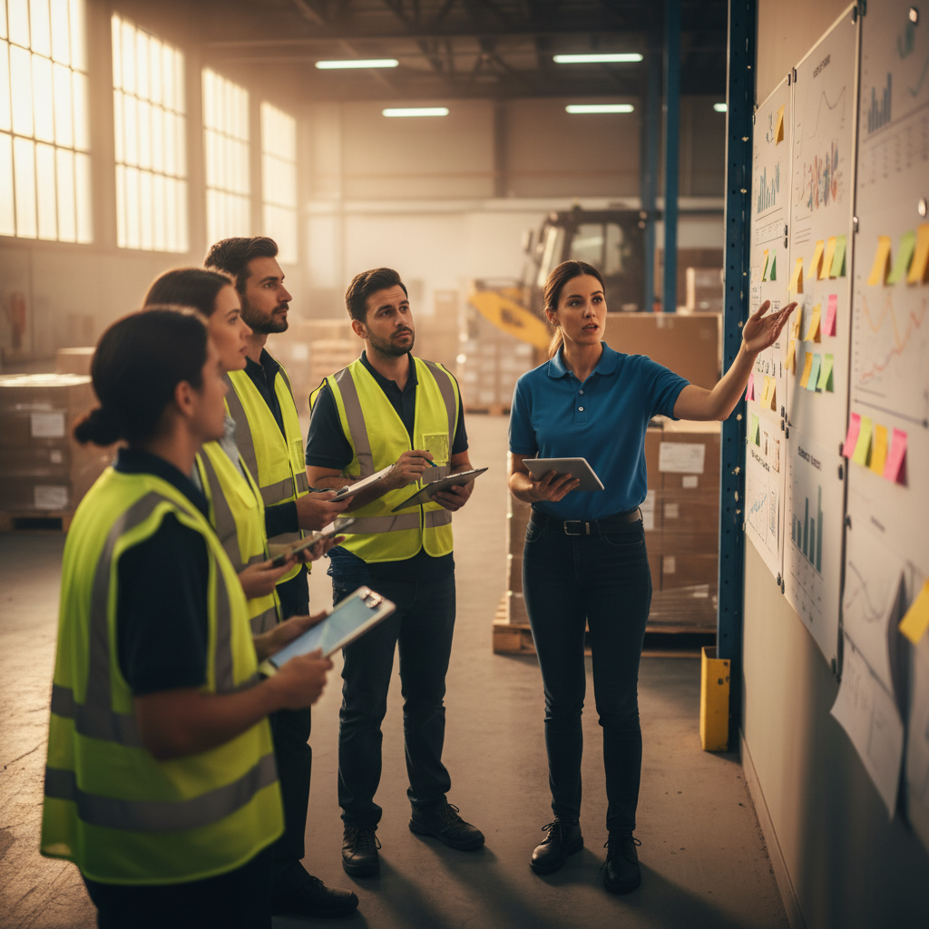 Warehouse team huddle planning execution of a growth strategy in Western Sydney with sticky notes and graphs out of focus