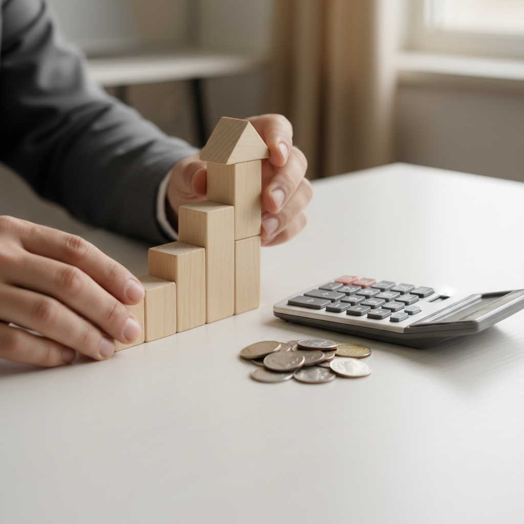Close-up detail of hands arranging arrow blocks beside calculator, symbolizing business growth financial planning cash flow discipline