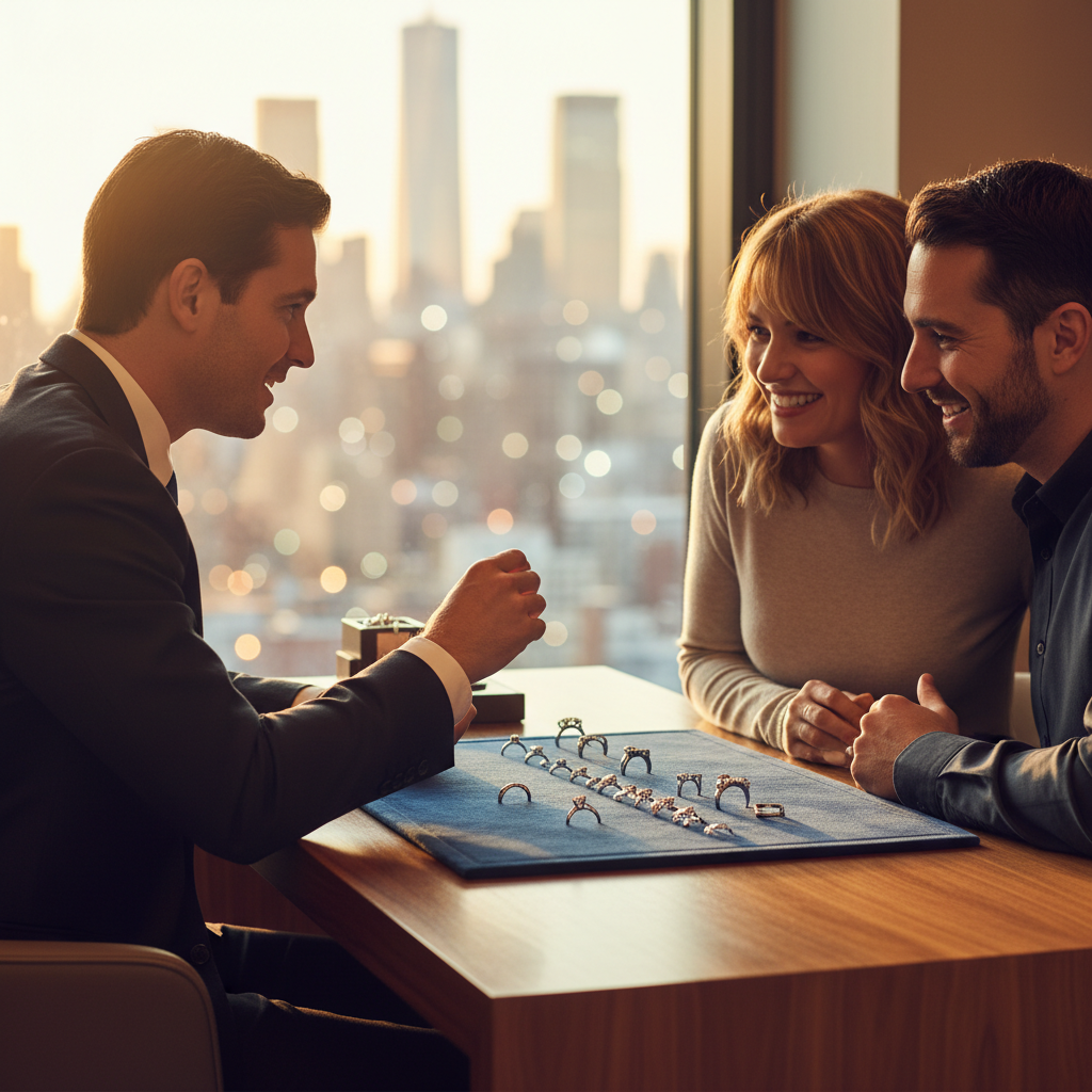 Jeweler consulting a couple with diamonds and ring settings on a suede pad in a modern Manhattan showroom, discussing the diamond 4Cs