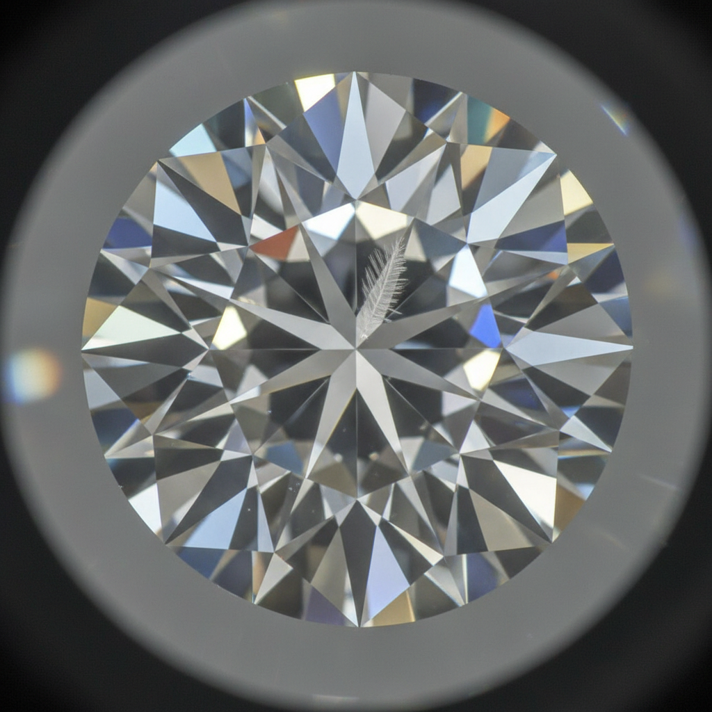 Macro close-up of a round brilliant diamond under a 10× loupe highlighting facets and a tiny feather inclusion for diamond 4Cs education