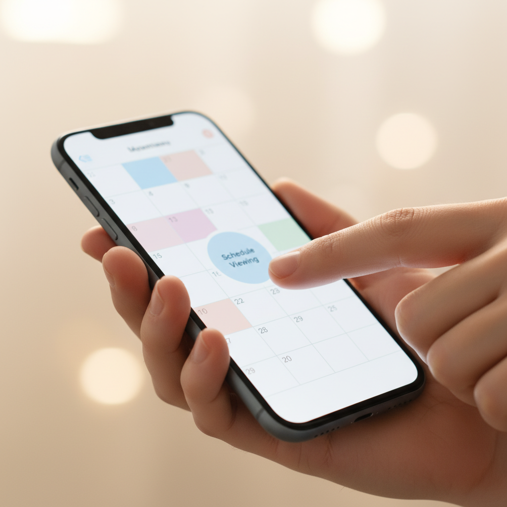 Scheduling a home viewing on a social real estate platform with mobile calendar UI, illustrating Houseup’s viewing tools