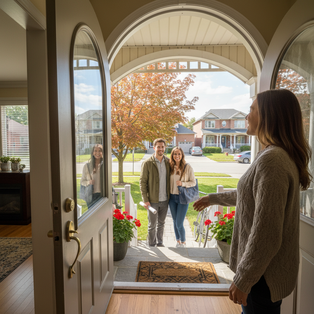 Homeowner greeting prospective buyers at a suburban front door, illustrating direct buyer connection on a social real estate platform