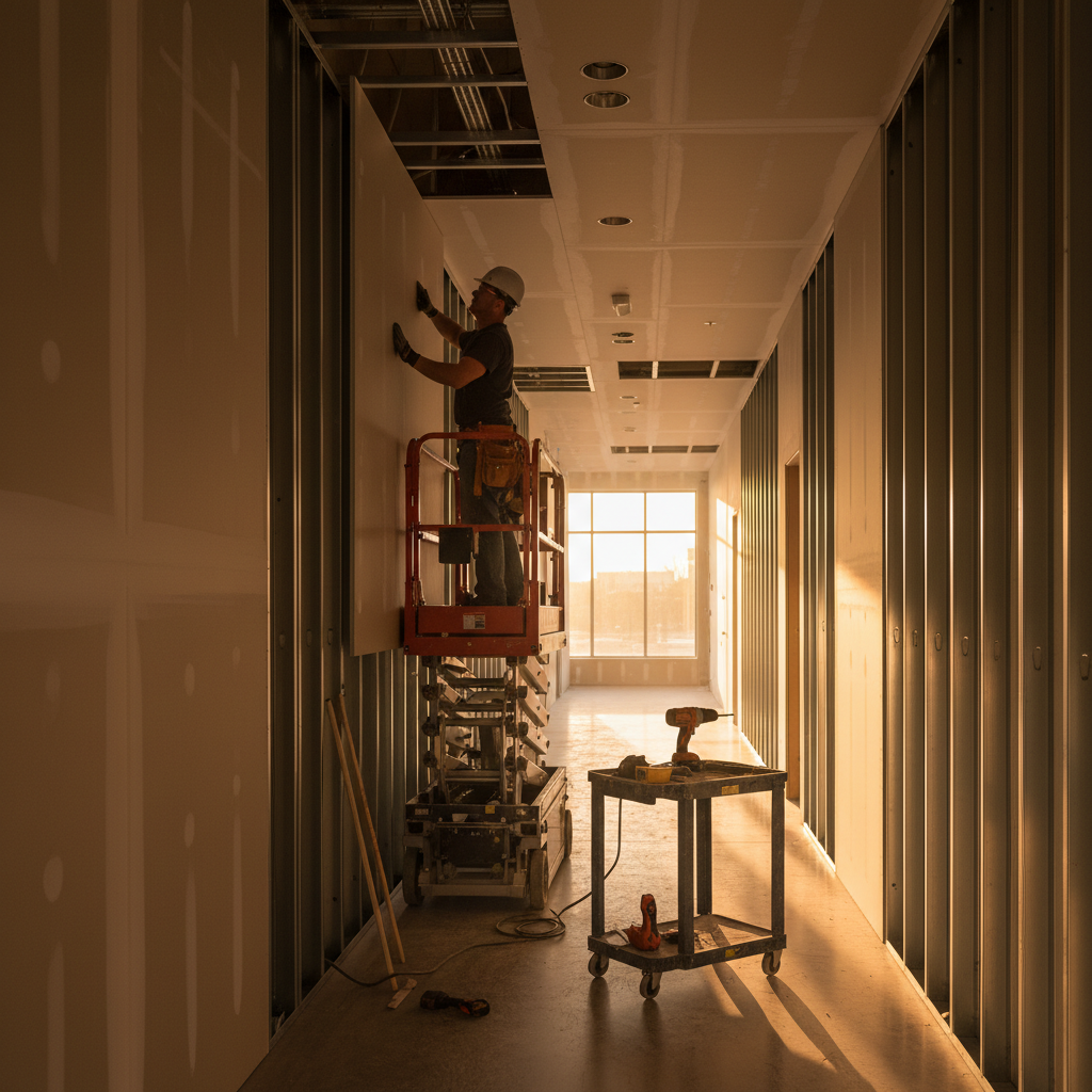 Drywall installation onto steel studs during interior wall framing in a commercial corridor